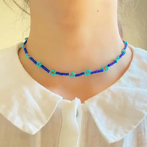 Handmade Kawaii boho fairy funky hippie style blue/light blue/orange flower seed beads necklace choker💐💙🌞⭐️