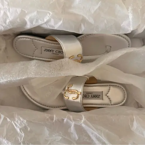 Jimmy Choo NIB Flat Sandals Logo Leather Silver Size 7