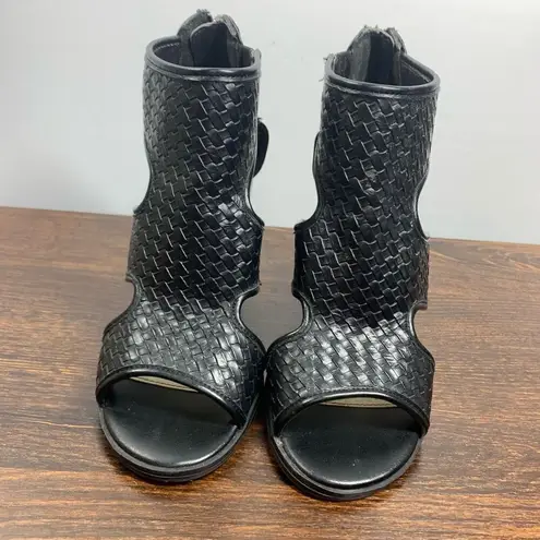 C est 1946 Women's Leather Zip Up Open Toe Ankle Block Heel Boots Black Size 6