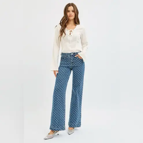 RISEN High Rise Wide Leg Bow Embroidered Jeans Blue Size 0