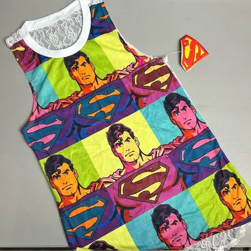 DC Comics Superman Lace Tank Top Multi Color Front White Lace Back Shirt Juniors Large NWT