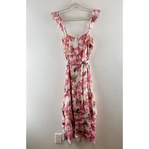 Sugar + Lips Floral Belted Tie Waist Tiered Ruffle Hem Midi Dress Pink Medium