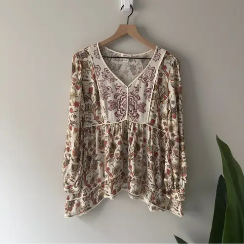 Sundance Autumn Print Floral Blouse Button Cuff Long Sleeve V