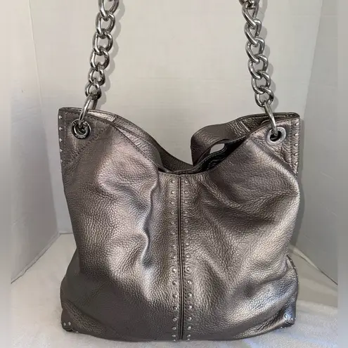 Michael Kors Metallic Gray Leather Studded Chain Strap Satchel Shoulder Bag Silver