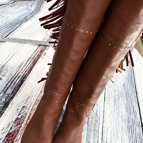 Vintage Nicole Genuine Leather Fringe Tall Heeled Boots Brown Size 8