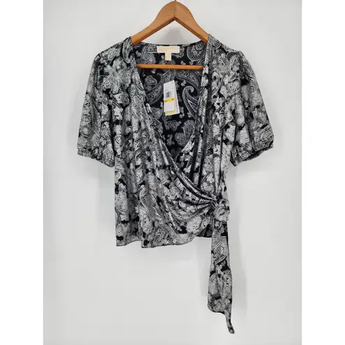 Michael Michael Kors Black & Silver Faux Wrap Blouse Women's Size Medium