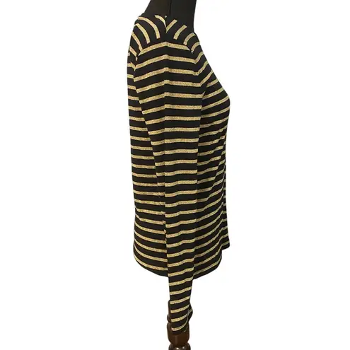 Lauren Ralph Lauren Petite Holiday Long Sleeve Sparkle Gold Black Stripe Top PL Size L