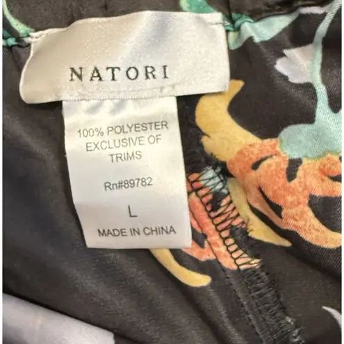 Natori Womens LG Satin Sleep Pants Black Floral Vibrant Wide Leg Tropical Flowy
