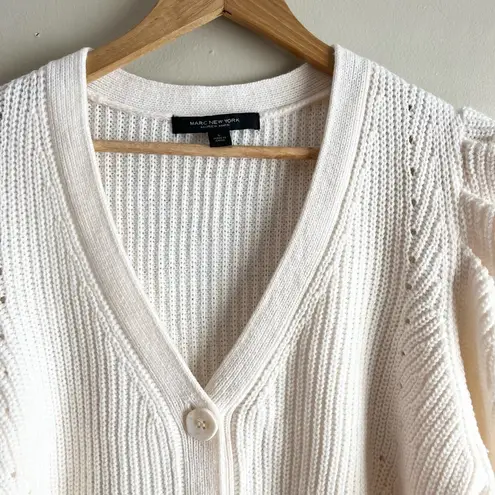Marc New York Puff Sleeve Cable Knit Semi-Crop Cardigan Sweater in Ivory, Large