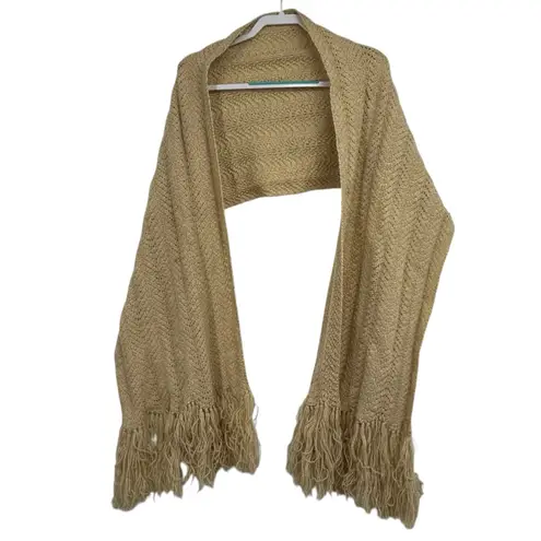 Vintage Hand Knit Metallic Gold Fringe Shawl Wrap 1960s Boho Evening Scarf