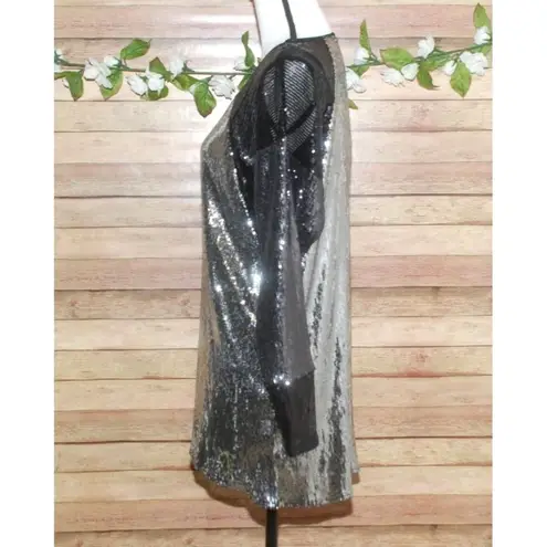 Lynn Richie All Over Sequin Silver Black Blouse Top Size M Long Sleeve Tunic Size M