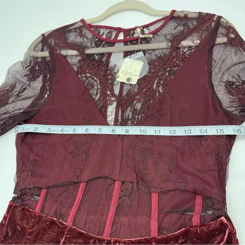 Free People  Marlie Lace Mini Dress Velvet Sheer Garnet Bell Sleeve Small NEW