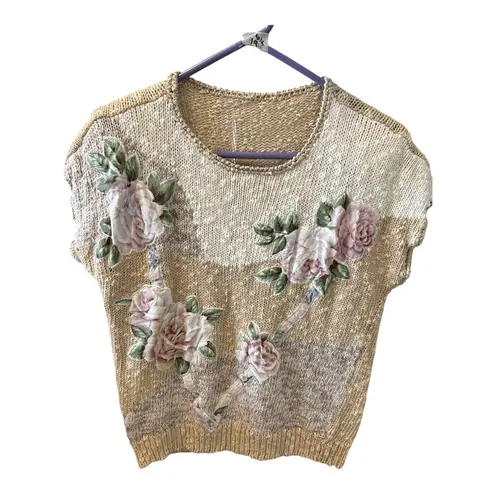 Vintage Floral Appliqué Knit Cottagecore Sweater Vest Top Pink Size M
