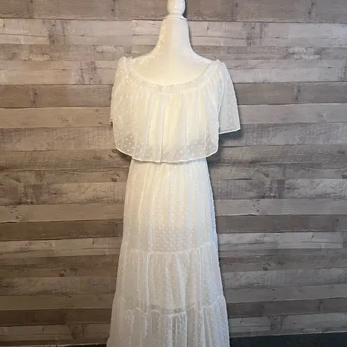 Baltic Born White Swiss Dot Tiered Off Shoulder Maxi Dress