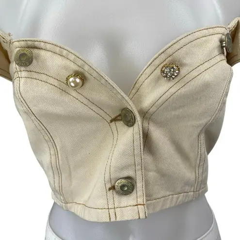 River Island Cream Jeweled Rhinestone Button Denim Corset Bandeau Crop Top Sz 10