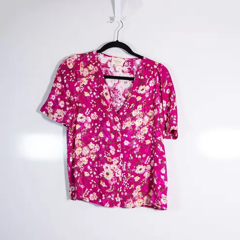 Sézane Sezane Dira Satin V Neck Button Front Short Sleeve Minorca Print Pattern Pink S