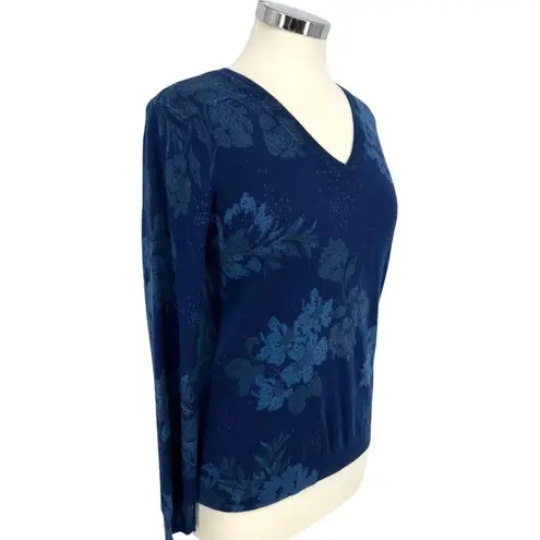Daniel Rainn Ari V-Neck Floral Sweater Blue Navy Size Small