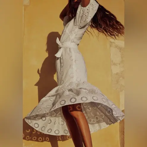 ZARA  Bloggers Fav Oyster White Belted Embroidered Tiered V-Neck Midi Dress Sz M