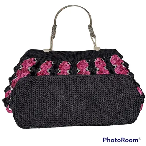 🎓 Pink & Black Striped Purse with Silver Metal Designs Metal Chain Handles