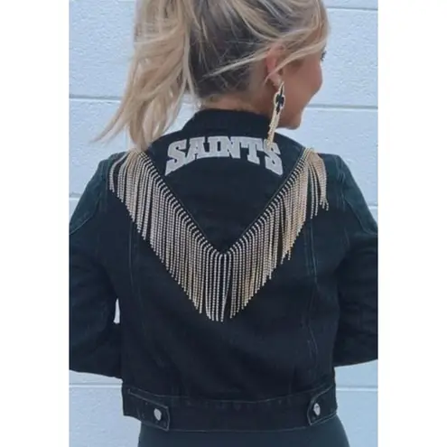 Western New Orleans Saints Jean Jacket Coat Denim Fringe Boho Embellish A12 Black Size M