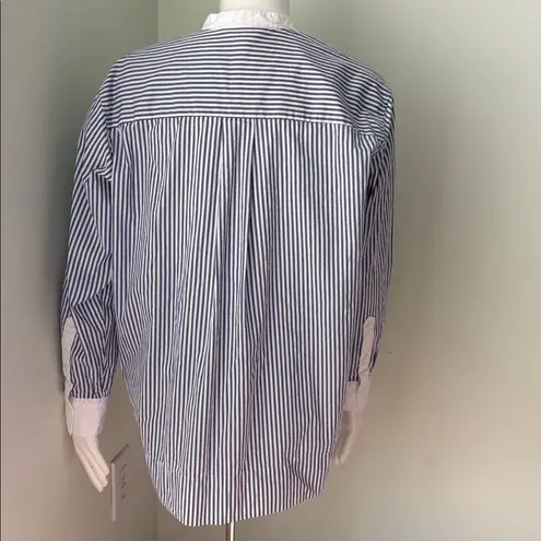 Spanx  Poplin Tuxedo Button Front Shirt Blue and White Striped Blouse Small - Image 7
