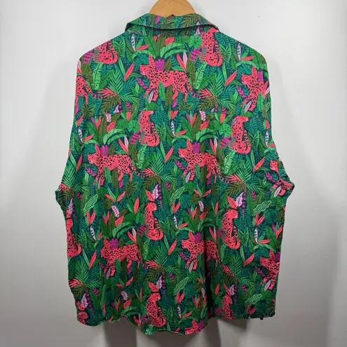 Palms Away Top Women L Green Pink Linen Button Down Shirt Spring Leopard Novelty Size L