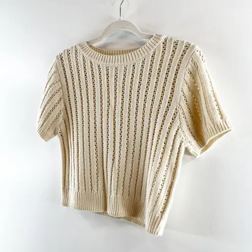 Elodie  Short Sleeve Crochet Knit Cropped Sweater Tee Shirt Tan Beige Small