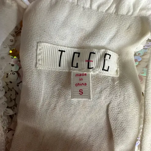 TCEC White and pink sequin halter high mini neck dress. Size small.