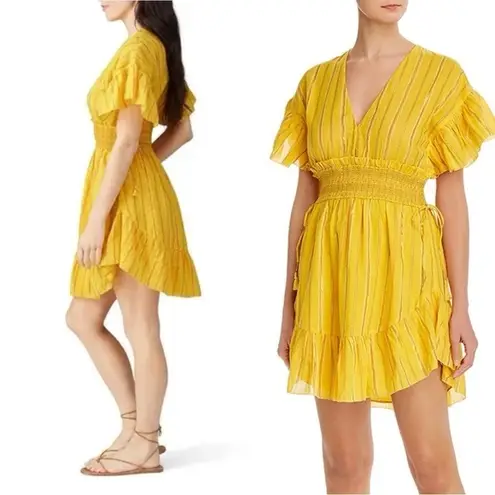 Saylor Adrianne Ruffled V-Neck Metallic Striped Gold Mini Dress Sz S