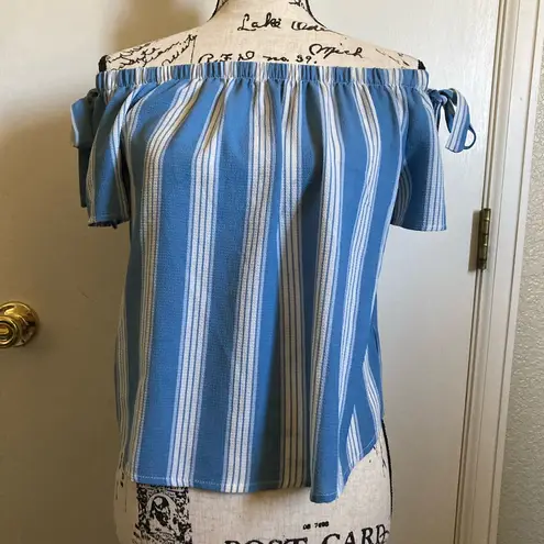 Lily White π Slate Blue with White Vertical Strips Off Shoulder Blouse #Bl