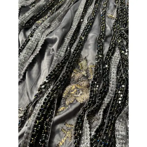 NWT Mandalay Gunmetal Embellished Fringe Cocktail Evening Dress Womens Size 12 Silver