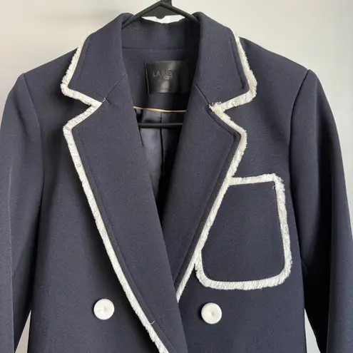 La Reve Navy Blue Blazer sz S Fringe Trim Double Breasted Elegant Women's Jacket