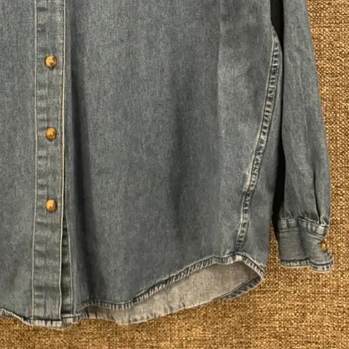 Christmas Button Down Large Denim Vintage Contrasting Collar Chambray Embroidery Blue