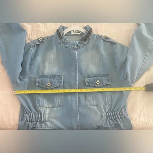 VTG SUSIELADY MOTO Denim Jacket Coat L Blue Faded Distressed Retro Trucker Y2K Size L