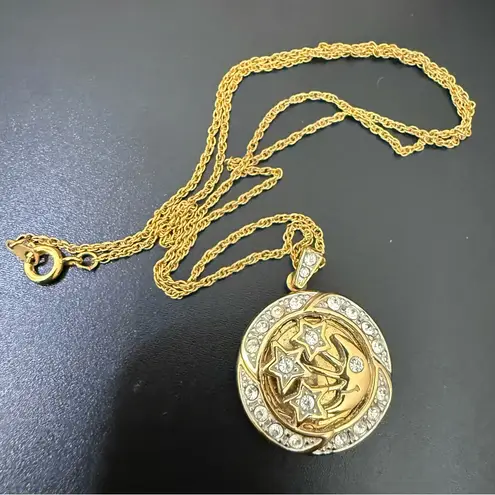 Vintage Unsigned Gold Tone Pave Crystals Moon and Stars Locket Pendant Necklace