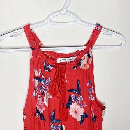 Cupcakes and Cashmere Cupcake and Cashmere crepe coral red floral ruffled tassel tie sun dress size L