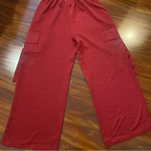 Women’s Wide Leg silky metallic Red Cargo Pants with side pockets size Large