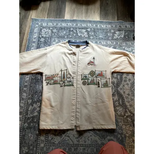 Vintage Embroidered Cana Island Long Sleeve White Button Cardigan Large Coastal