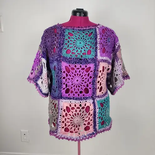 Handmade Crochet Vibrant Granny Square Patchwork Top Blouse Multicolor OS Purple Size undefined