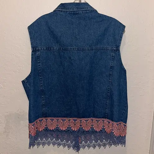 Vintage Denim Vest with Lace Trim Crocheted Grandma Jean Jacket Size XL