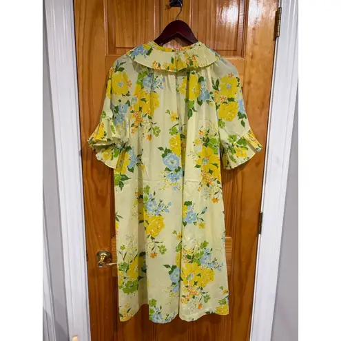 Vintage 1960s Smart Time Floral Housecoat Dress Yellow Blue Green Snap Front Size L
