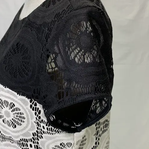 London Times Crochet Overlay Cream and Black Block Yoke Dress Size 12