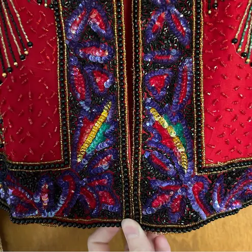 Laurence Kazar Vintage Silk Beaded Jacket Red Size Small 80s Funky Art to Wear