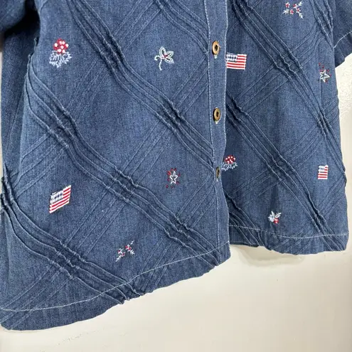 Vintage Koret City Denim Short Sleeve Shirt with Embroidered 4th of July Theme L Blue Size L