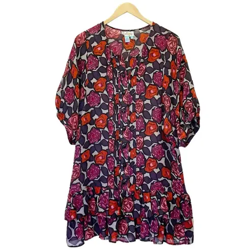 Tracy Reese Drop Waist Mini Dress Size Medium Rose Floral Silk Wool Blend Tunic