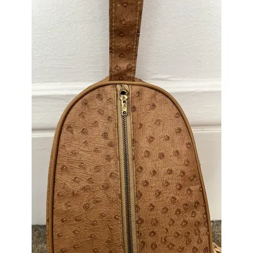 Vtg Ostrich Embossed Avocado Sling Bag Western Tan Zipper Clutch Country Ranch Brown