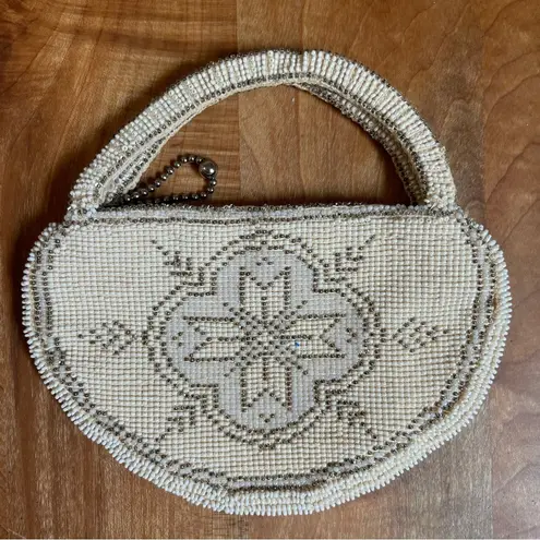 Vintage Czech Beaded 6" Mini Purse Handbag Clutch Silver White Evening MINT Brown