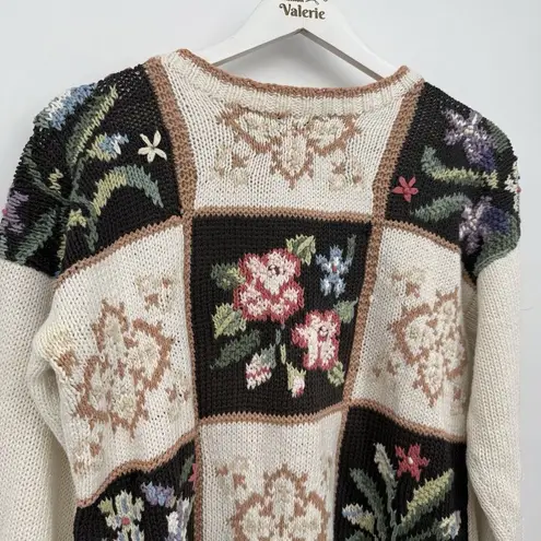 Beldoch Popper Vintage Floral Granny Chic Knit Cotton Sweater Size Medium Black
