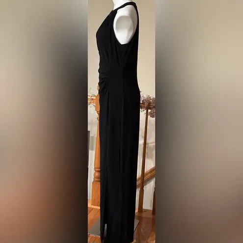 CHAPS Black Halter Maxi Dress Beaded Neck Line & Key Hole. Long Slit Side Sz 12