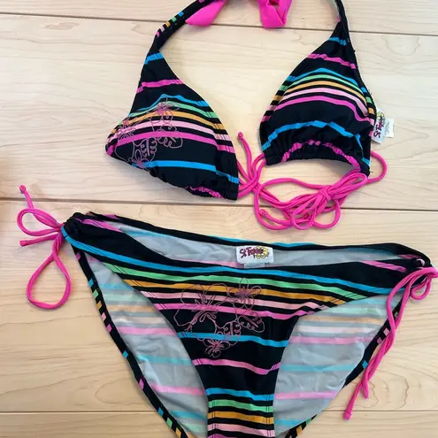 Vintage y2k 00s neon stripe hibiscus flower string triangle bikini size xl